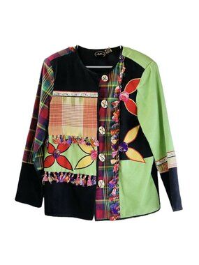 Vintage Allure Patchwork Jacket Crazy Quilt Applique Wearable Art Women's Medium